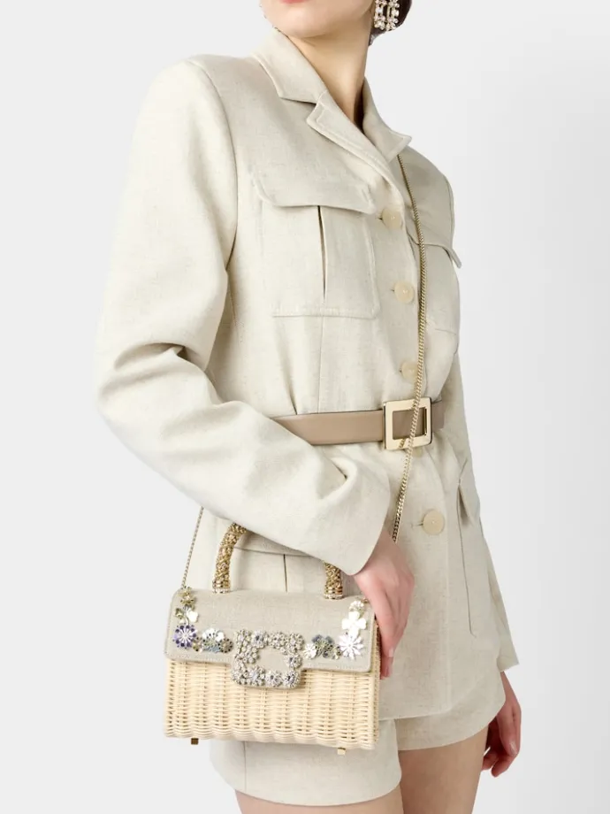 Roger Vivier Jewel Efflorescence Mini Bag in linen and rattan Fashion