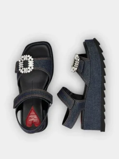 Roger Vivier Slidy Viv' Wedge Sandals in denim Discount