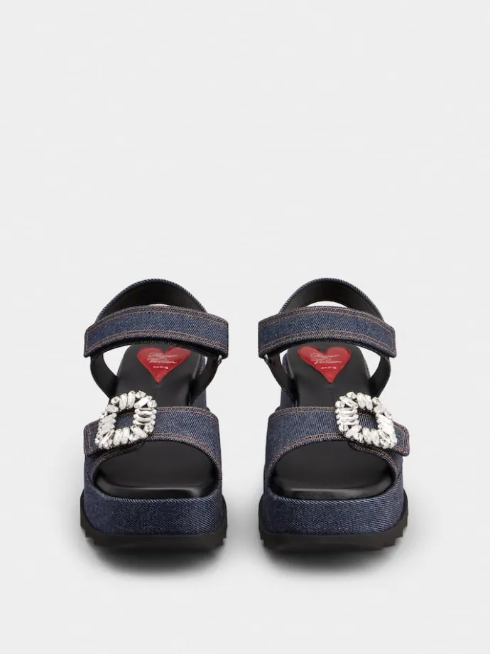 Roger Vivier Slidy Viv' Wedge Sandals in denim Discount