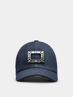 Roger Vivier Viv' Skate Strass Buckle Baseball Cap in Denim Discount