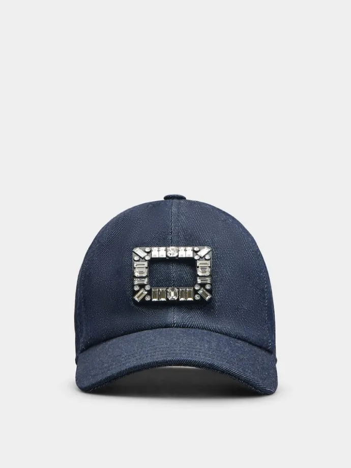 Roger Vivier Viv' Skate Strass Buckle Baseball Cap in Denim Discount