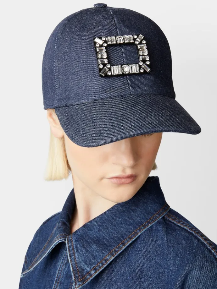 Roger Vivier Viv' Skate Strass Buckle Baseball Cap in Denim Discount