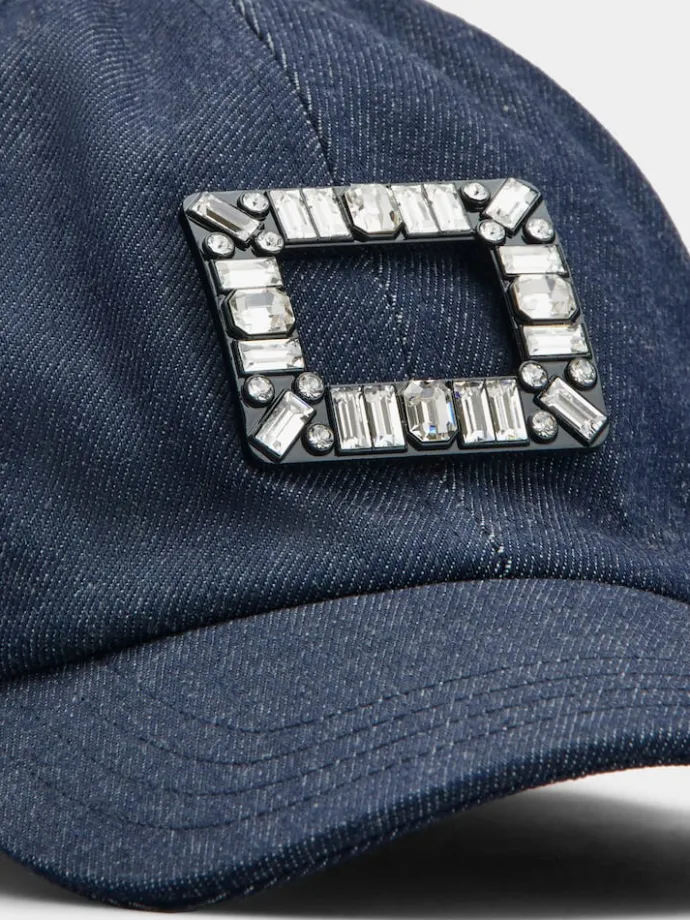 Roger Vivier Viv' Skate Strass Buckle Baseball Cap in Denim Discount